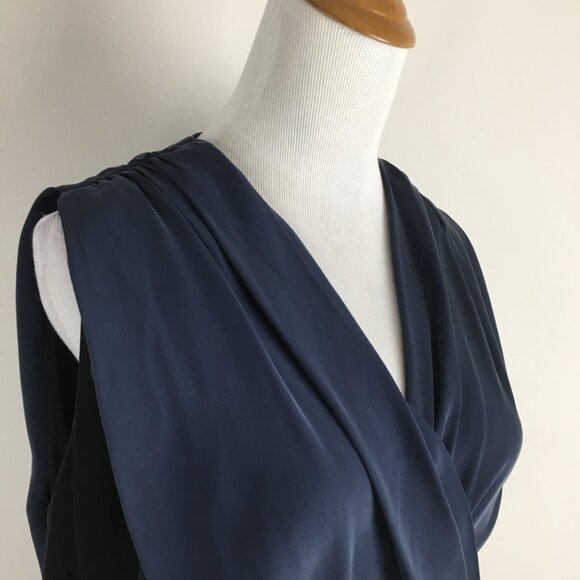 RAOUL Black Blue 100% Silk Pleated V Neck Ruching Shoulder Slit Hem Dress - Picture 9 of 13